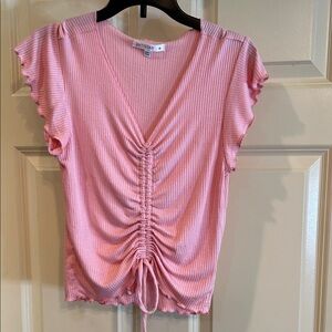 Antistar Pink Ruched V-Neck Short Sleeve Top